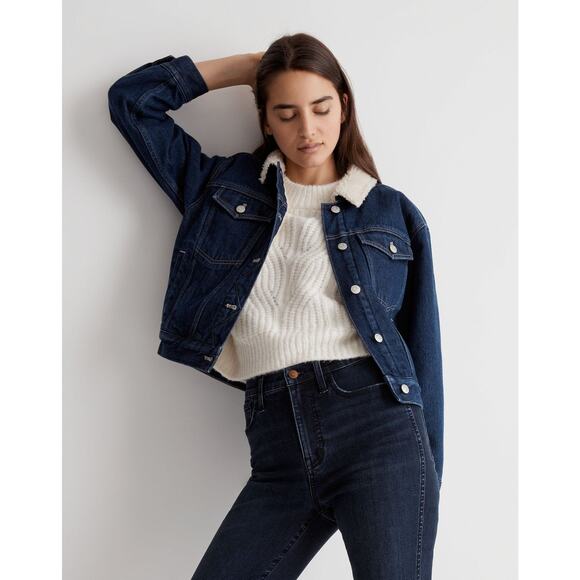 Madewell The Cropped Oversized Trucker Jean Jacket Sherpa Collar Edition - M - Picture 5 of 7